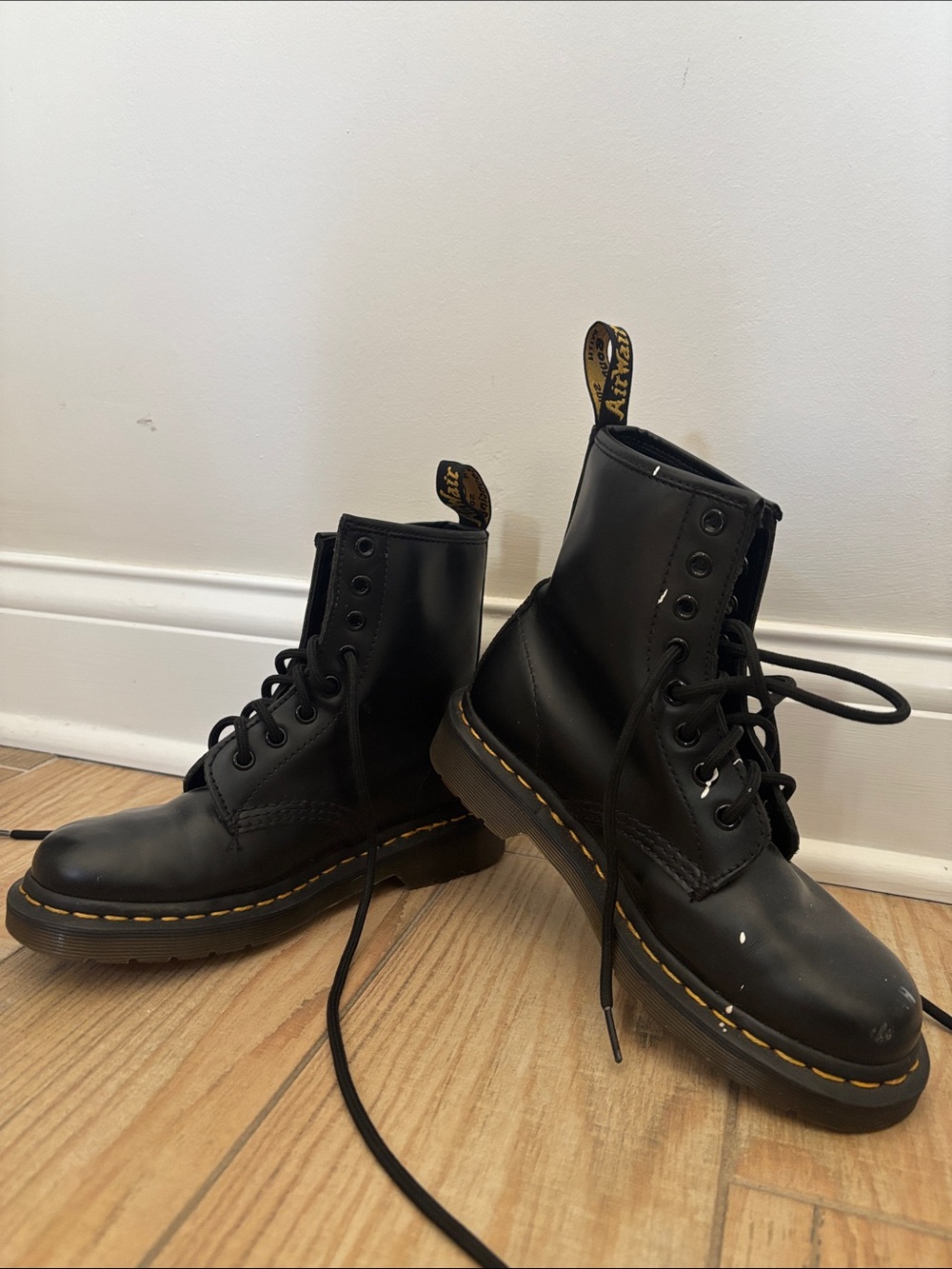 Dr. Martens Black Leather Lace-Up Ankle Boots with Yellow Stitching